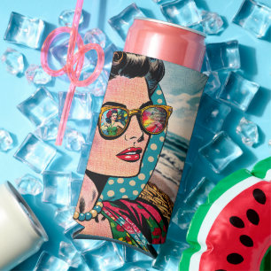Comic Style Art Woman Watching Hula Dancer Seltzer Can Cooler