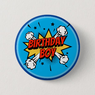 Comic style Birthday Boy typography splash 6 Cm Round Badge