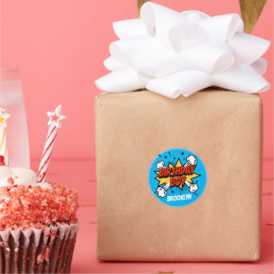 Comic style Birthday Boy typography splash Classic Round Sticker