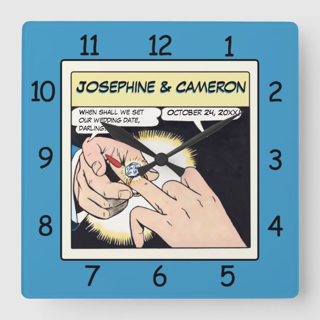 Comic Style Bling Ring Wedding Clock Blue (Front)