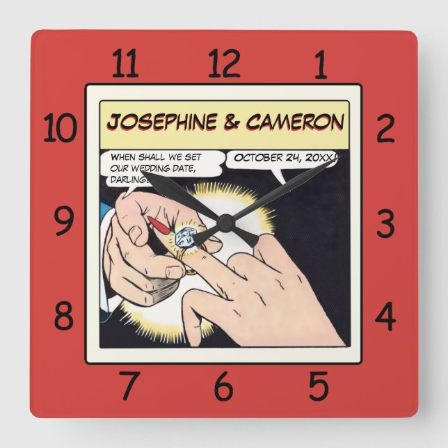 Comic Style Bling Ring Wedding Clock Red (Front)