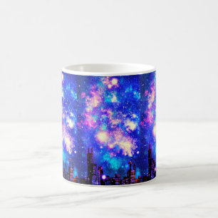 Comic Style City Skyline & Milky Way Night Sky Coffee Mug