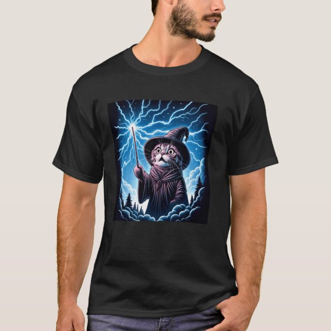 Comic Style Kitten Lover Funny Reaction Wizard Cat T-Shirt (Front)