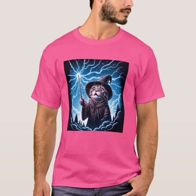 Comic Style Kitten Lover Funny Reaction Wizard Cat T-Shirt (Front)