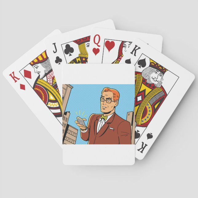 Comic Style Man Looking At Mobile Phone Playing Cards (Back)
