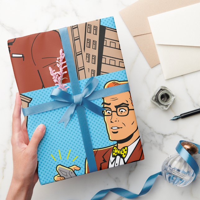 Comic Style Man Looking At Mobile Phone Wrapping Paper (Creator Uploaded)