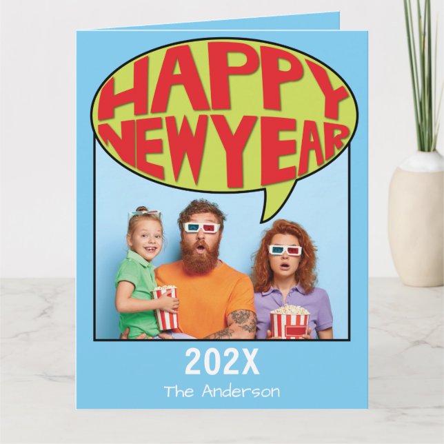 Comic Style Personalised Photo Happy New Year Card (Front)