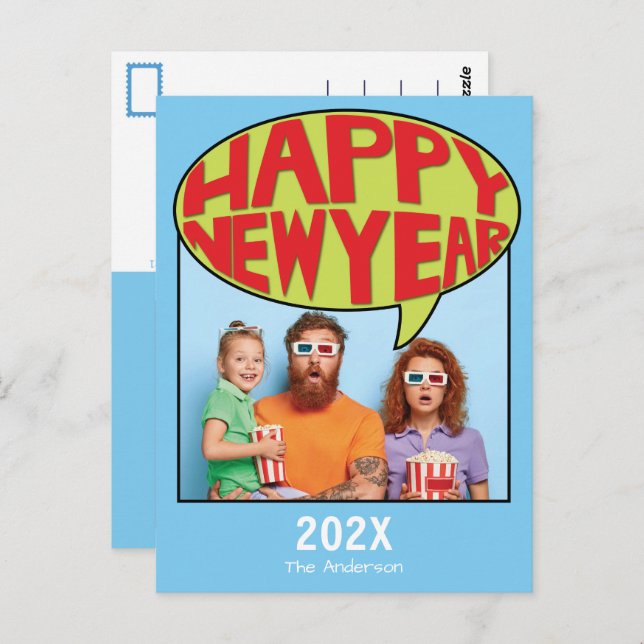 Comic Style Personalised Photo Happy New Year Postcard (Front/Back)