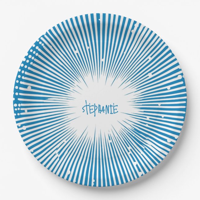 Comic Style Pop Art Explosion - Blue and White Paper Plate (Front)