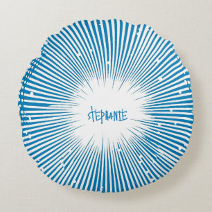 Comic Style Pop Art Explosion - Blue and White Round Cushion