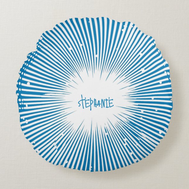 Comic Style Pop Art Explosion - Blue and White Round Cushion (Front)