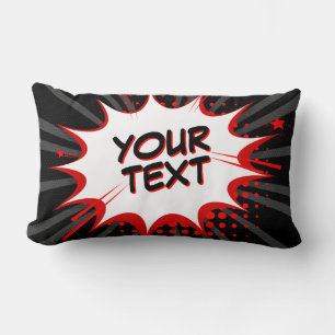 Comic Style Pop Art Retro Black Grey Red YOUR TEXT Lumbar Cushion