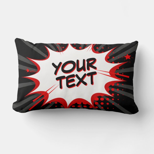 Comic Style Pop Art Retro Black Grey Red YOUR TEXT Lumbar Cushion (Front)