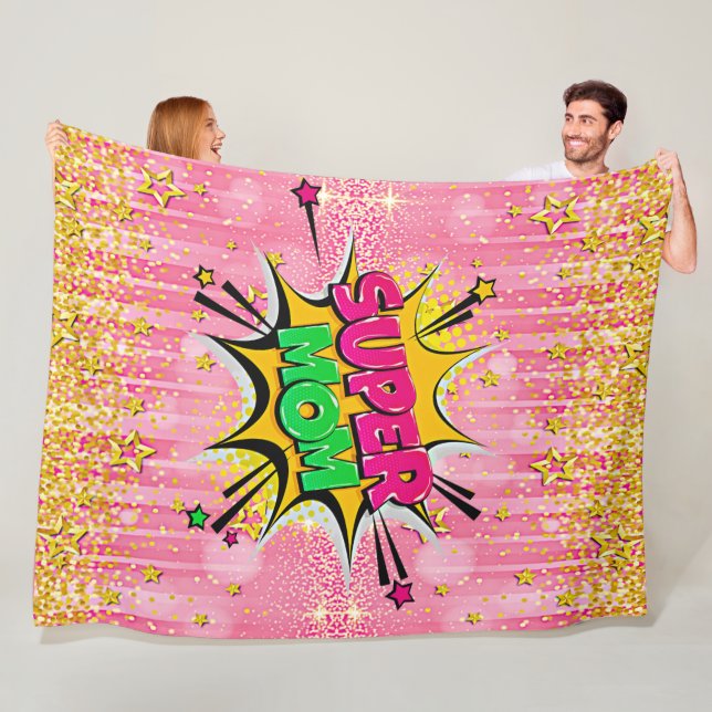 Comic Style Pop Art Retro Pink Gold Super Mum  Fleece Blanket (In Situ)
