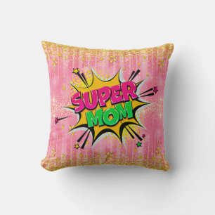 Comic Style Pop Art Retro Pink Super Mum Throw Pil Cushion