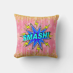 Comic Style Pop Art Retro Pink Yellow Blue SMASH Cushion