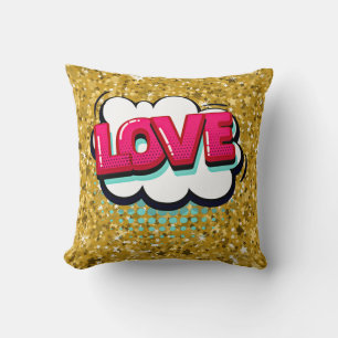 Comic Style Pop Art Retro Stars Pink Love Text Thr Cushion