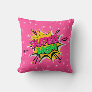 Comic Style Pop Art Retro Stars Pink Super Mum  Cushion