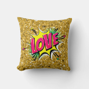 Comic Style Pop Art Retro Stars Yellow Pink LOVE   Cushion