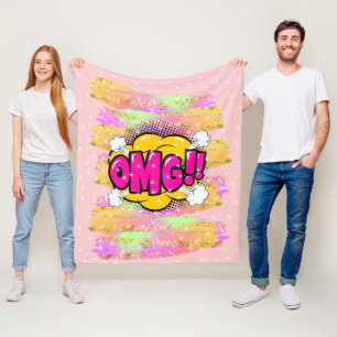 Comic Style Pop Retro Yellow Purple OMG Rainbow Fleece Blanket
