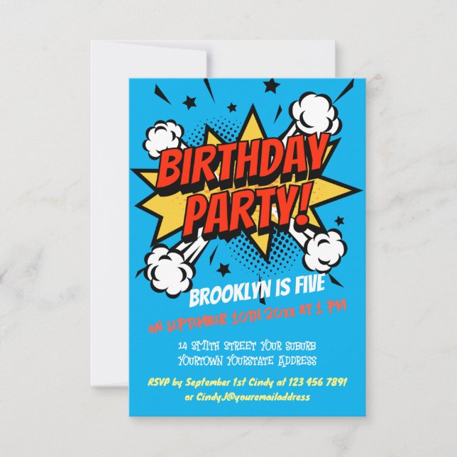 Comic style splash callout birthday invitation (Front)