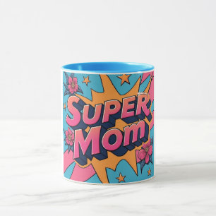 Comic Style Super Mum Flowers Stars Mothers Day Mug