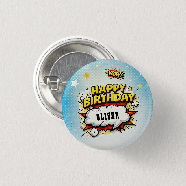 Comic Style Superhero Boy's Name Birthday  3 Cm Round Badge (Front & Back)
