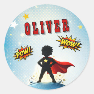 Comic Style Superhero Boy's Name Birthday Classic Round Sticker