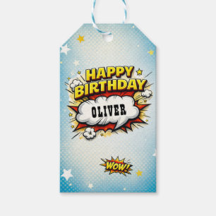 Comic Style Superhero Boy's Name Birthday Gift Tags