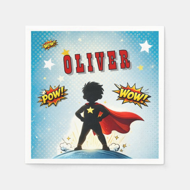 Comic Style Superhero Boy's Name Birthday Napkin (Front)
