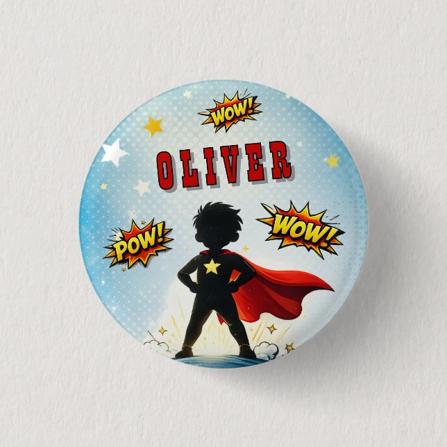 Comic Style Superhero Boy's Name Birthday Party 3 Cm Round Badge (Front)