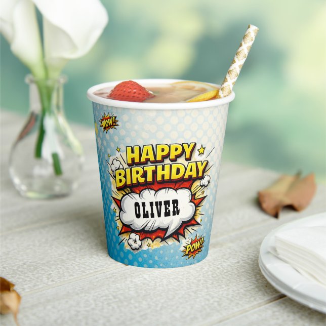Comic Style Superhero Boy's Name Birthday Party  Paper Cups (Insitu)