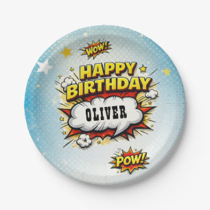 Comic Style Superhero Boy's Name Birthday Party Paper Plate
