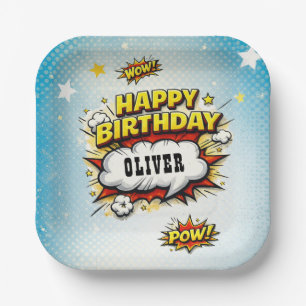 Comic Style Superhero Boy's Name Birthday Party Paper Plate