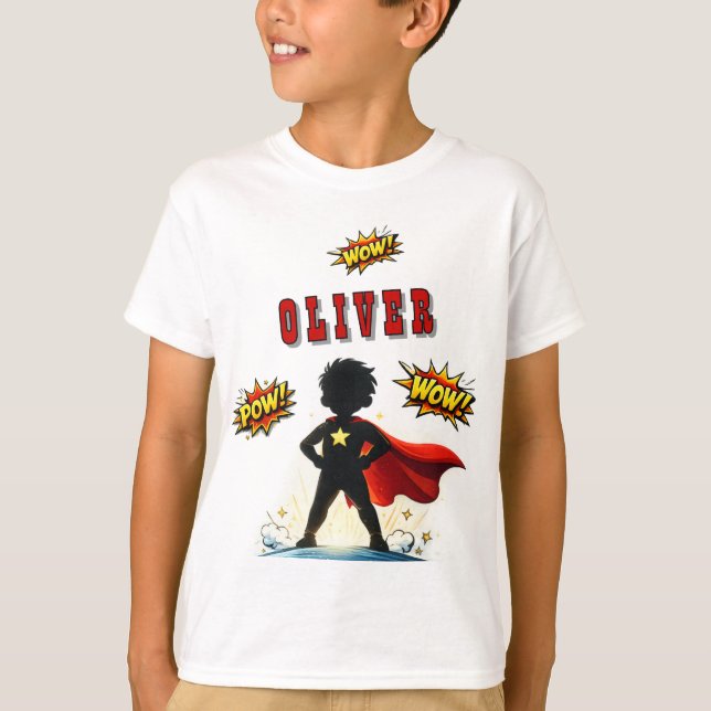 Comic Style Superhero Boy's Name Birthday Party T-Shirt (Front)