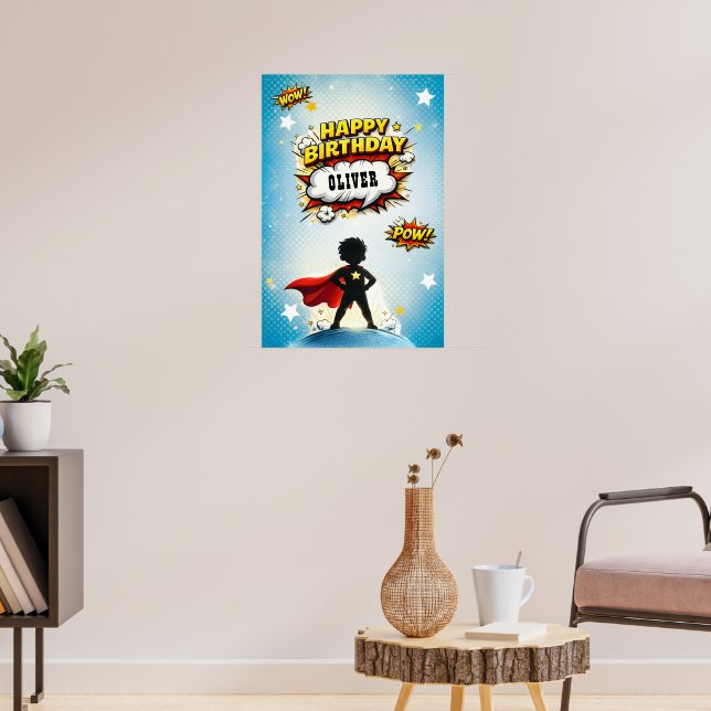 Comic Style Superhero Boy's Name Birthday Poster (Living Room 3)