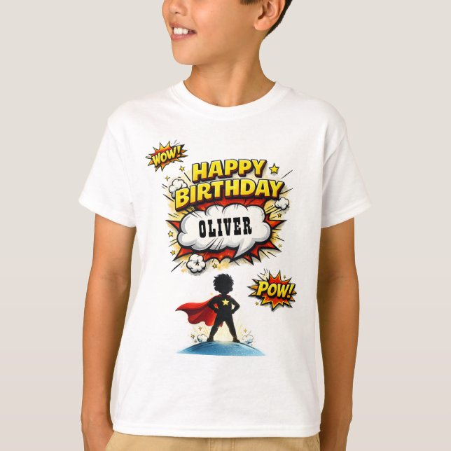 Comic Style Superhero Boy's Name Birthday T-Shirt (Front)