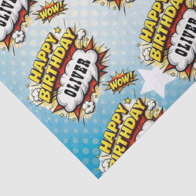 Comic Style Superhero Boy's Name Birthday  Tissue Paper (Detail)
