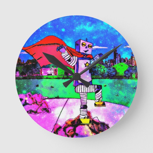 Comic Style Superhero Robot from Outer Space! Round Clock (Front)