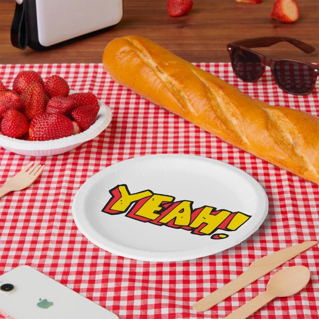 Comic Style Yeah Text Graphic in Bold Yellow Paper Plate (Creator Uploaded)