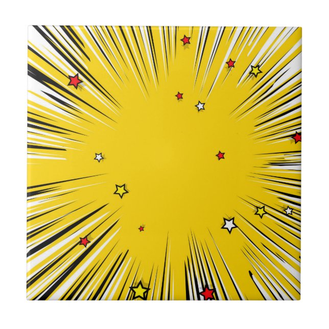 Comic Style Yellow Sunburst with Red Stars Tile (Front)