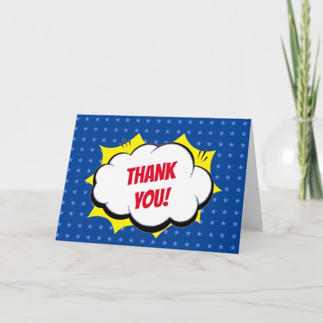 Comic Super Hero Blue Personalised Kids Thank You Card (Front)