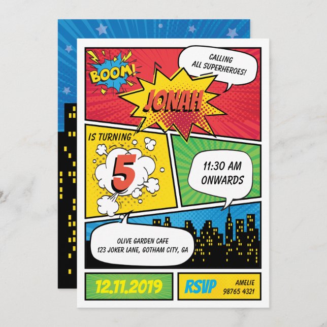 Comic Superhero Birthday Invitation (Front/Back)