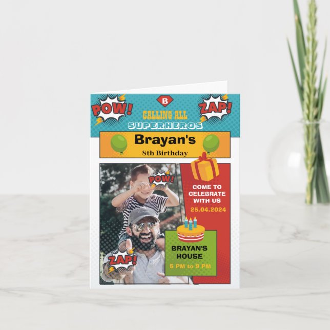 Comic Superhero birthday invitation with photo (Front)