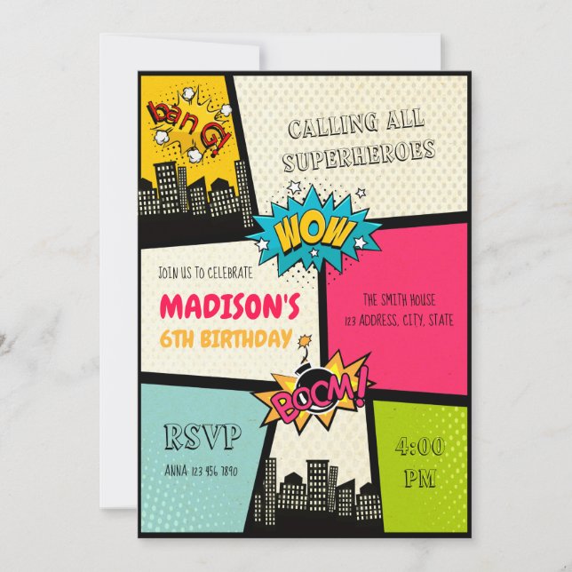 Comic superhero party invitation (Front)