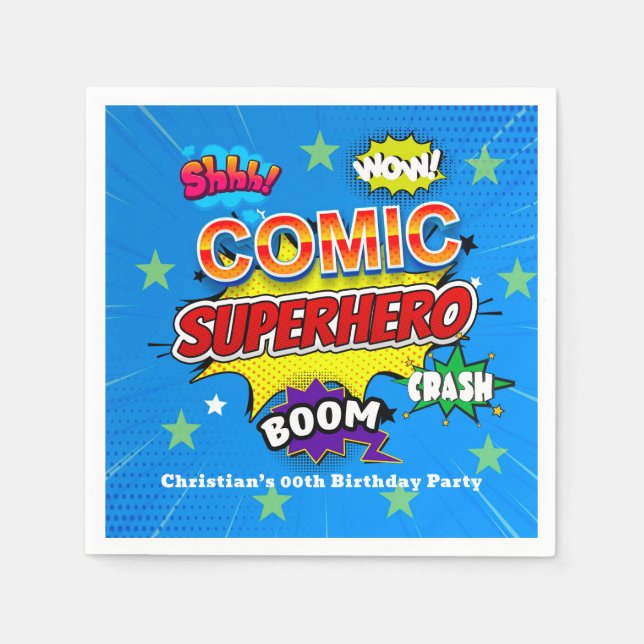 Comic Superhero Strip 00th Birthday Party Napkin (Front)