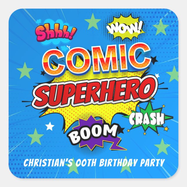Comic Superhero Strip 00th Birthday Party Square Sticker (Front)