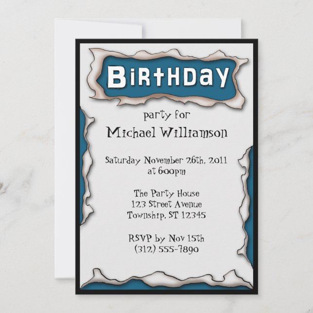 Comic Torn Paper Blue Birthday Invitations (Front)