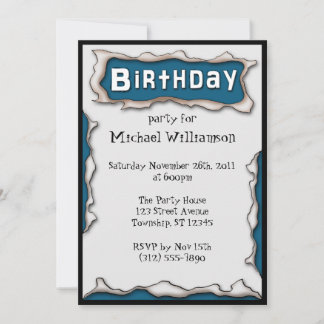 Comic Torn Paper Blue Birthday Invitations