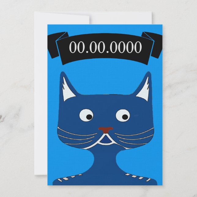 Comical Blue Cat Invite, add text Invitation (Front)